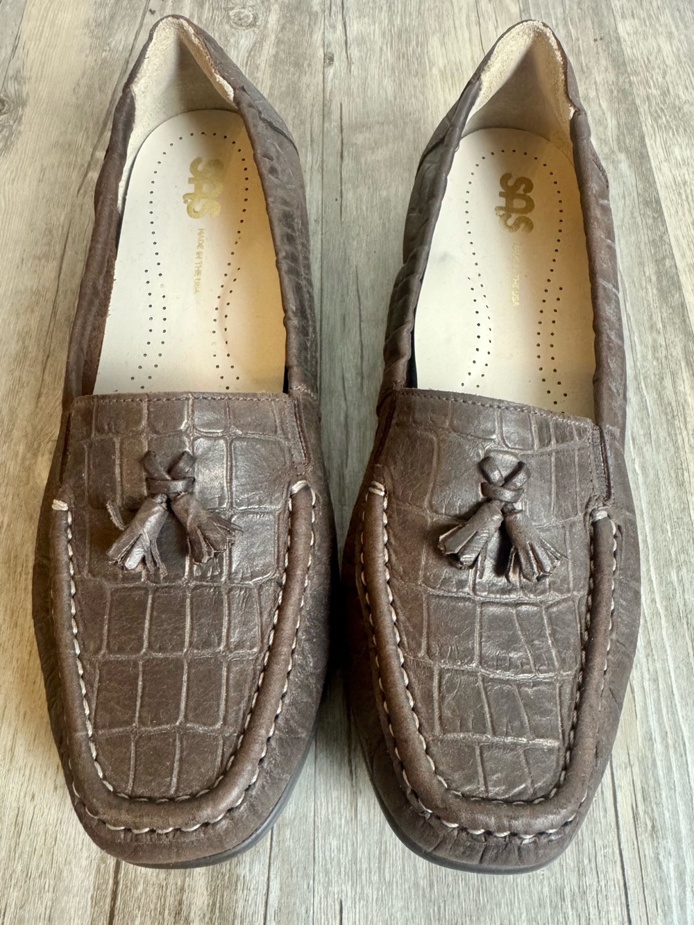 SAS Croc Embossed Loafers Brown Tassel Leather Comfort Shoes USA